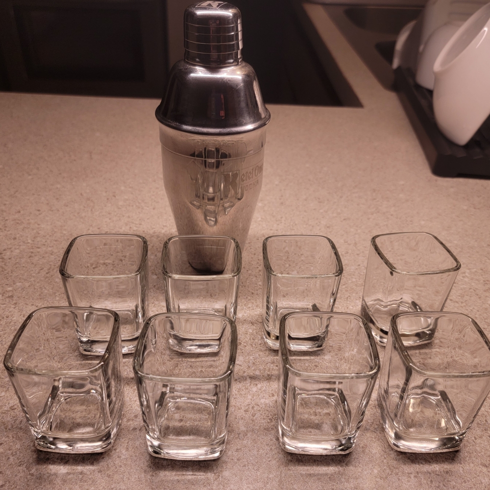 Silver Cocktail Shaker with Clear Shot Glasses Set